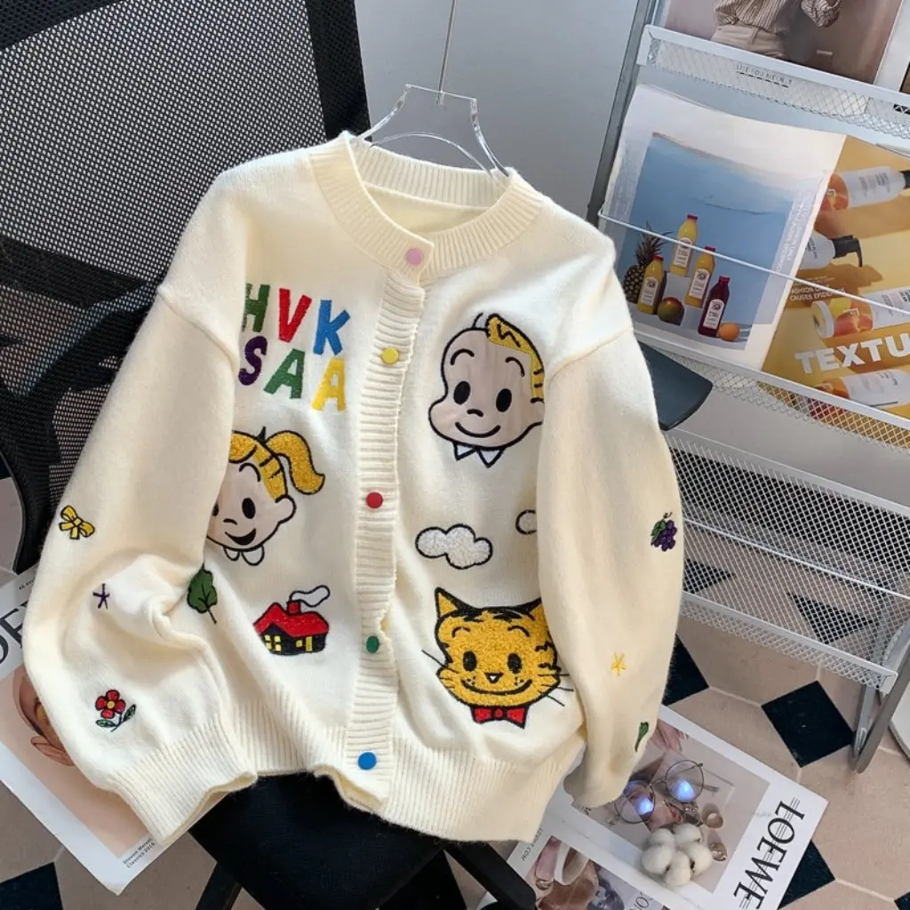 

Women's Heavy Embroidered Cartoon Sweater Jacket Loose Lazy Style Knitted Cardigan for Autumn Winter Age-Reducing Fashion