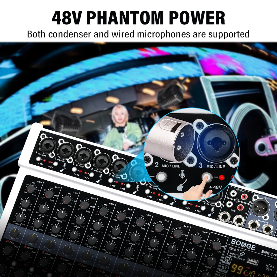 BOMGE BMG-12F オーディオミキサー 本体 BOMGE 12チャンネルプロフェッショナルオーディオミキサー、RCA、XLR