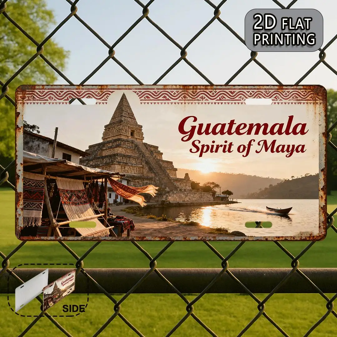 2D Flat, 1pc Vintage Metal Aluminum License Plate from Guatemala Maya, Cultural Gift, Mystical Decor for Decoration Only