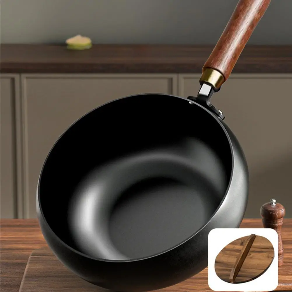 Big Belly Wok with Wooden Lid Rust-proof Forged Hammer Wok Ergonomic Handle Forged Iron Wok with Nonstick for Even for Home