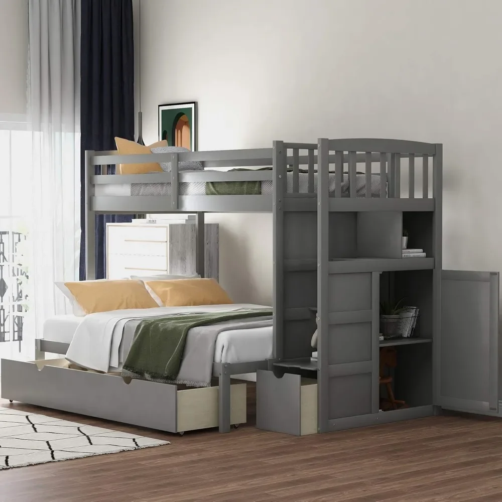 Bunk Bed Twin Over Full with Trundle and Stairs Storage, Wooden Stairway Bunkbeds with Guardrail for 3, can be Detachable