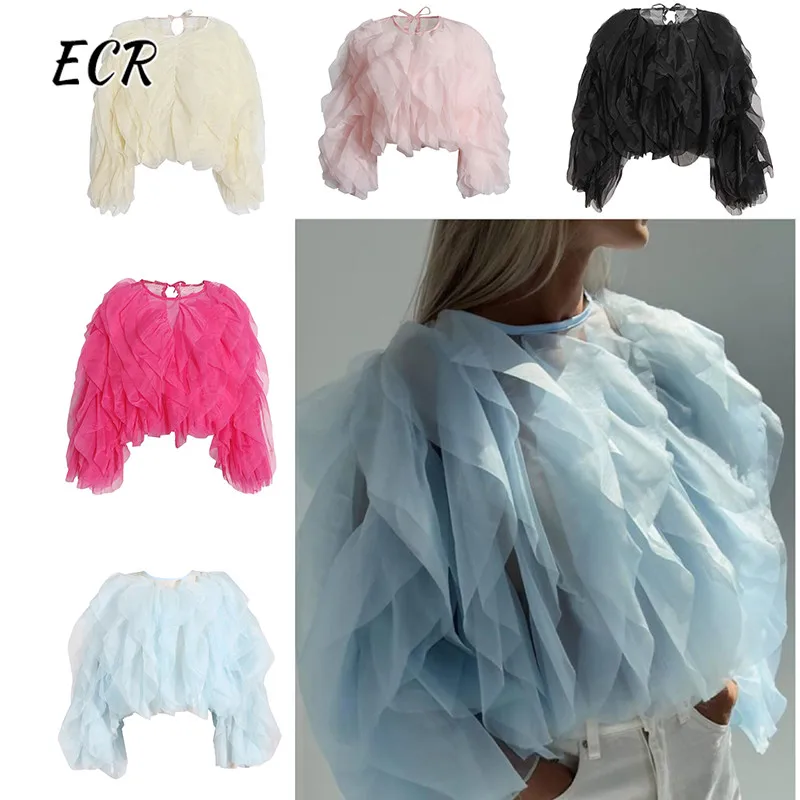 

ECR Spliced Ruffles Elegant Blouses For Women Round Neck Long Sleeve Patchwork Lace Up Solid Loose Casual Shirts Female Fashion