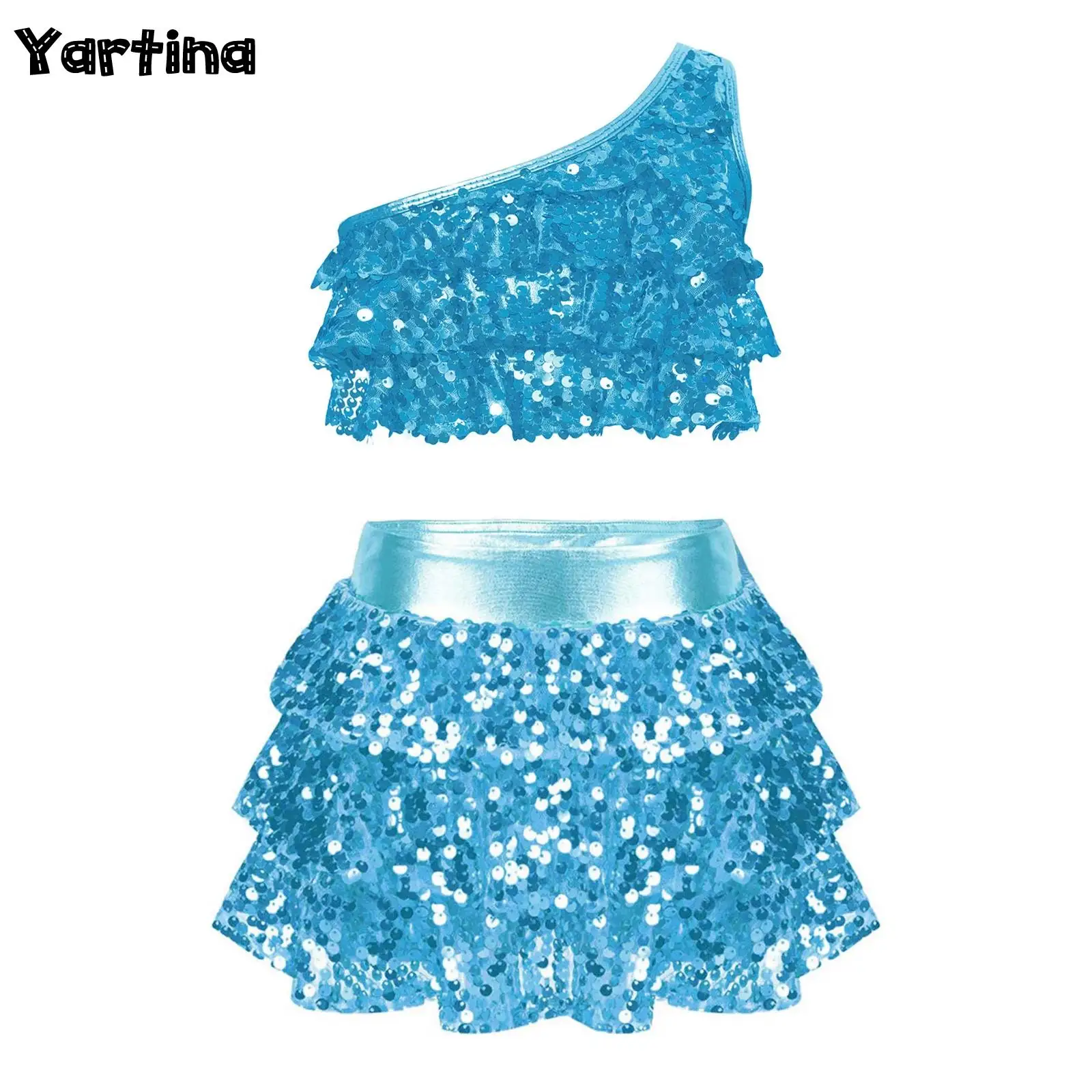 

Kids Girls Ballet Jazz Dance Performance Outfit Shiny Sequins Tiered Ruffles Crop Top Metallic Vest with Skirted Shorts Culottes