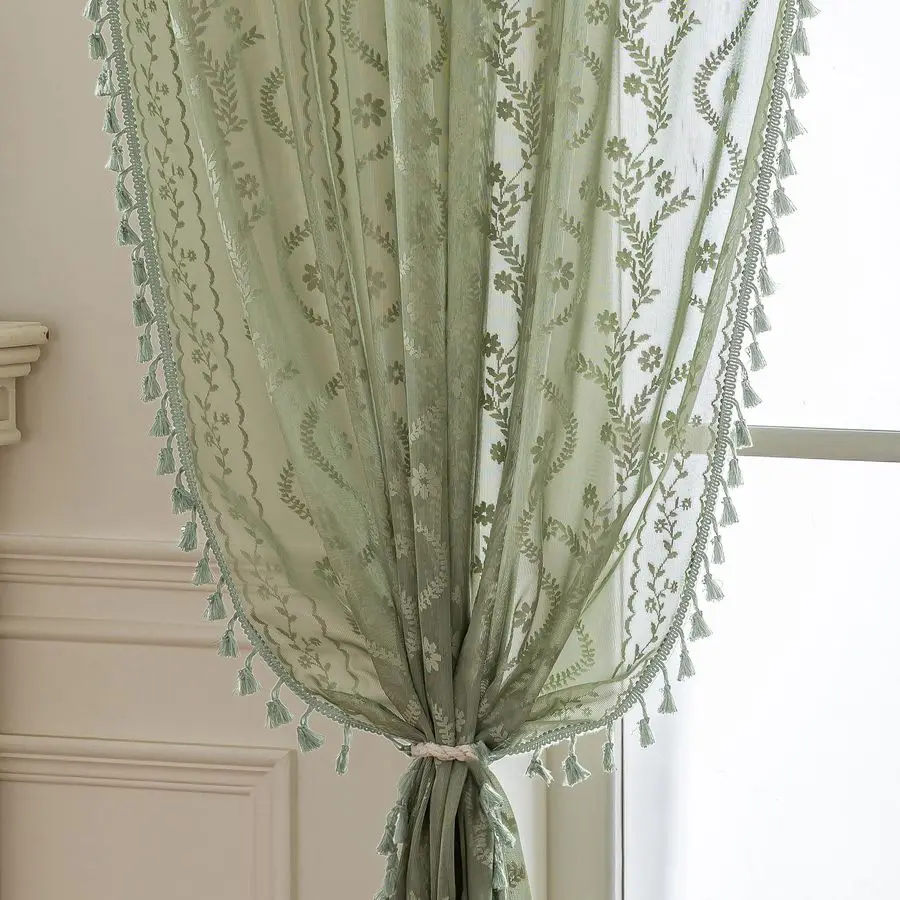 

Green Sheer Curtains 84 Inches Long 2 Panel,Rod Pocket Privacy Light Filtering Lace Window Panels,Elegant Farmhouse Cute Tassel