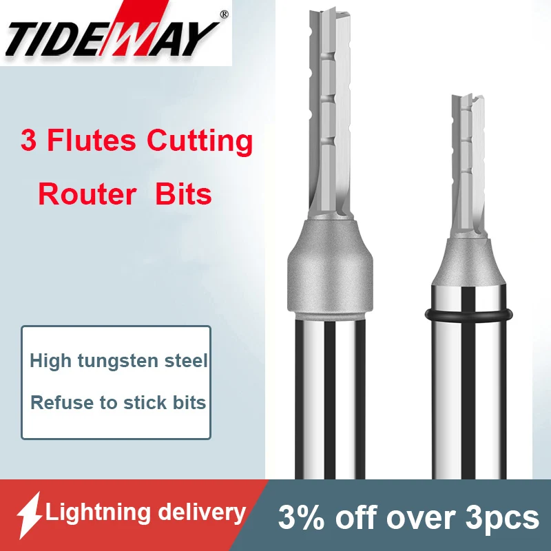 Tideway 1/2 Shank 3 Blades Cutting Straight Router Bit TCT Cutters Woodworking CNC Trimming Slot Milling Cutter for Wood MDF