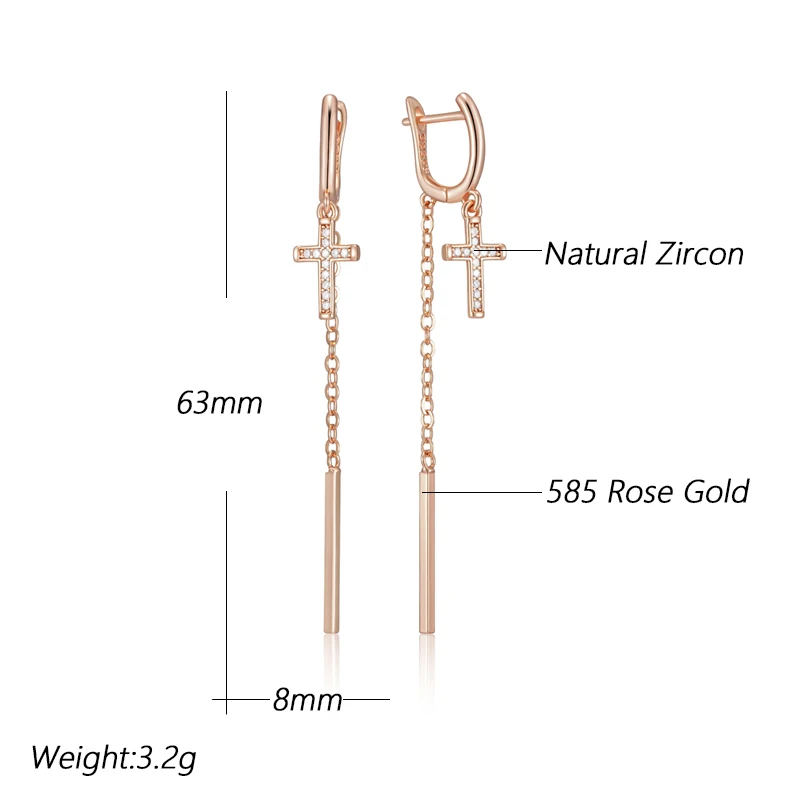 Kinel Hot Trend Long Tassel Cross Dangle Earrings For Women Fashion 585 Rose Gold Color With Natural Zircon Fine Daily Jewelry