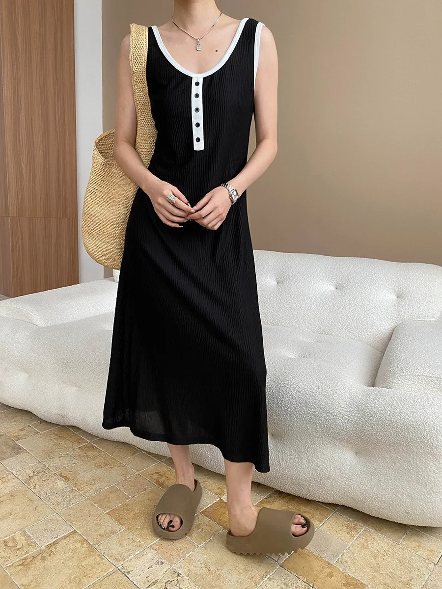 

Spring and summer women's casual solid color round neck sleeveless slim fit dress