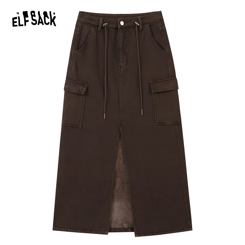 ELFSACK High Waist Cargo Split Skirt Women 2023 Winter New Korean Fashion Bottom