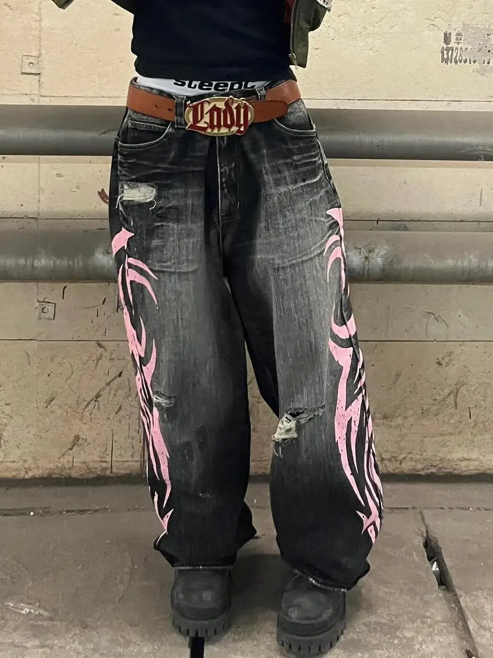 Pantalones vaqueros con estampado de hojas de colores Otoño Harajuku 2025 American Plus temporada contrastante e pantalones nuevos de invierno pantalones vaqueros góticos para mujer