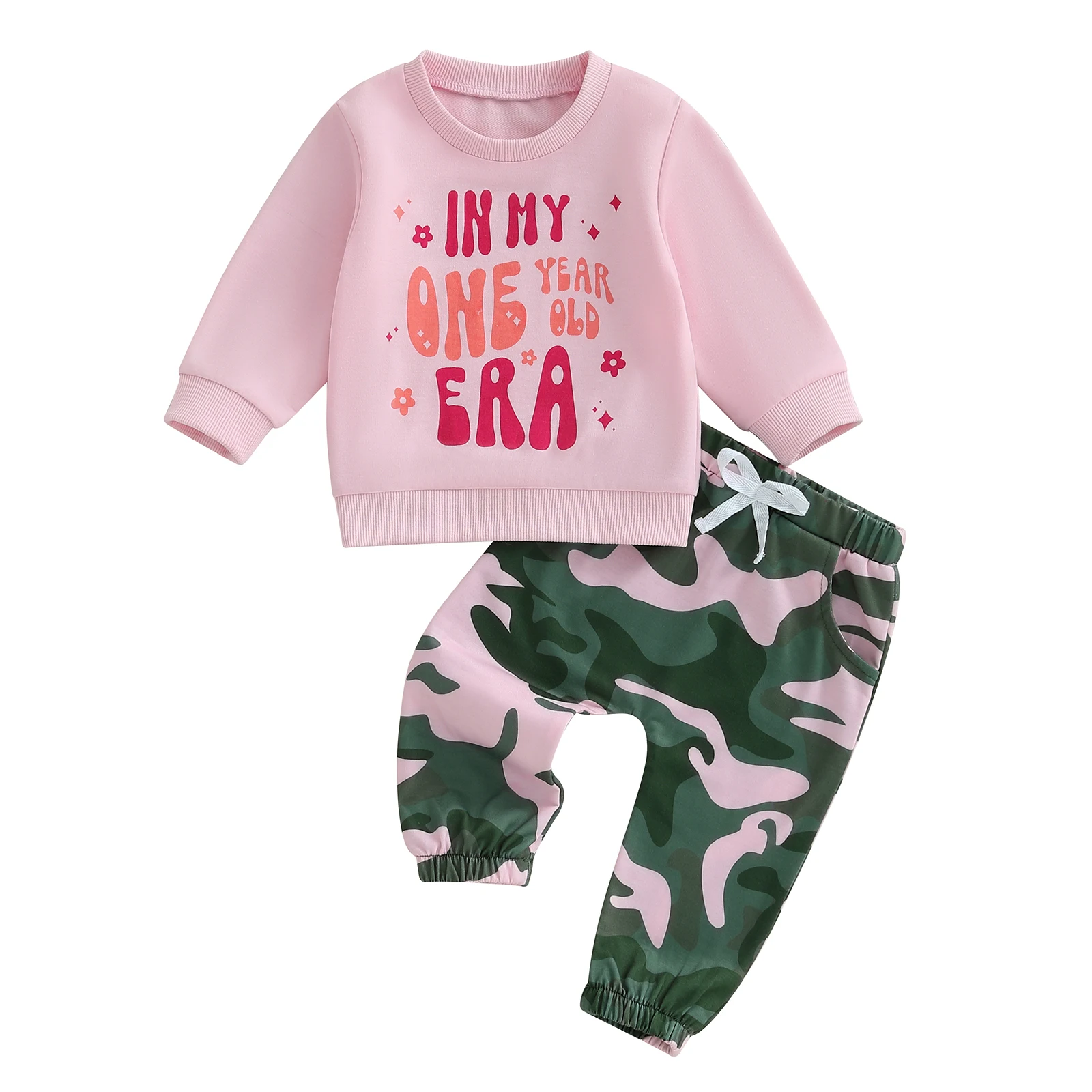 

Baby Girl First Birthday Outfit Long Sleeve Crew Neck Letters Print Sweatshirt with Rugby Camouflage Sweatpants Infant Clothes