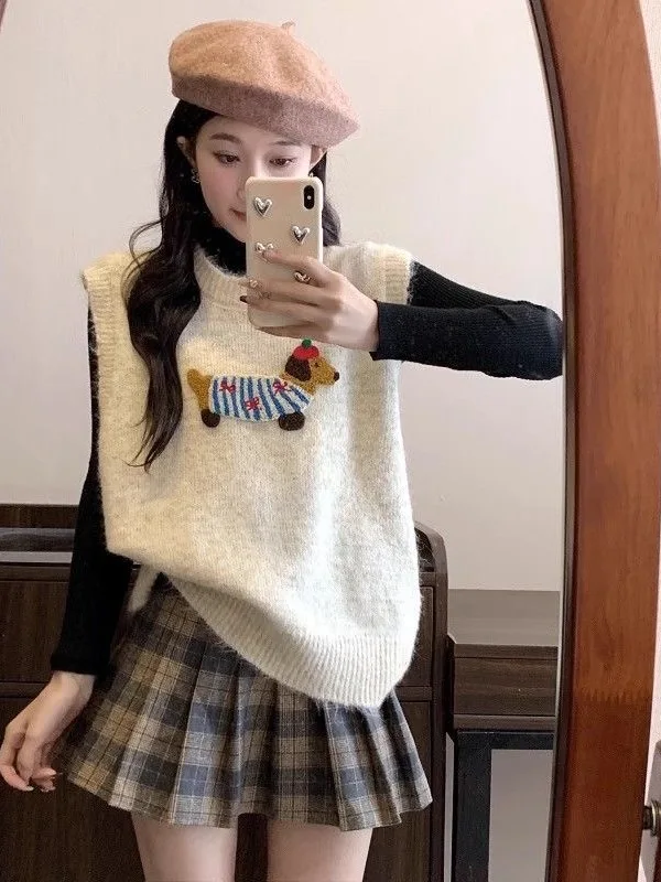 

Вязаный жилет с мультяшной вышивкой собаки, женский осенне-зимний свободный круглый свитер Ne Svel, модный трендовый жилет