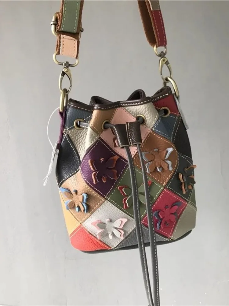 مصمم مختلط الألوان جلد طبيعي دلو حقيبة المرأة خمر عادية واحدة حقائب كروسبودي الرباط حقيبة ساعي الإناث