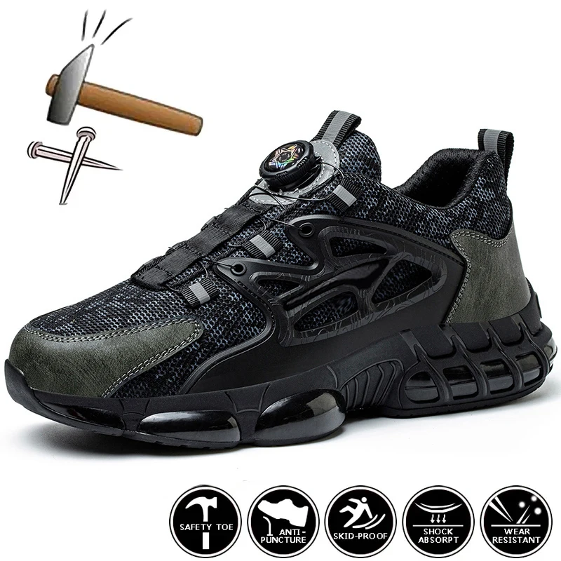 2026 Rotating Button Protective Safety Shoes Men Steel Toe Sneakers Air Cushion Work Shoes Man Puncture Proof Work Safety Boots