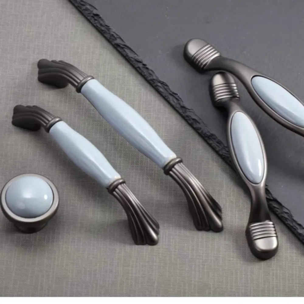 Blue Gray Cabinet Furniture Handle Ceramic Mediterranean Style Wardrob Handle Zinc Alloy Door Knosb Cabinet Door Hardware