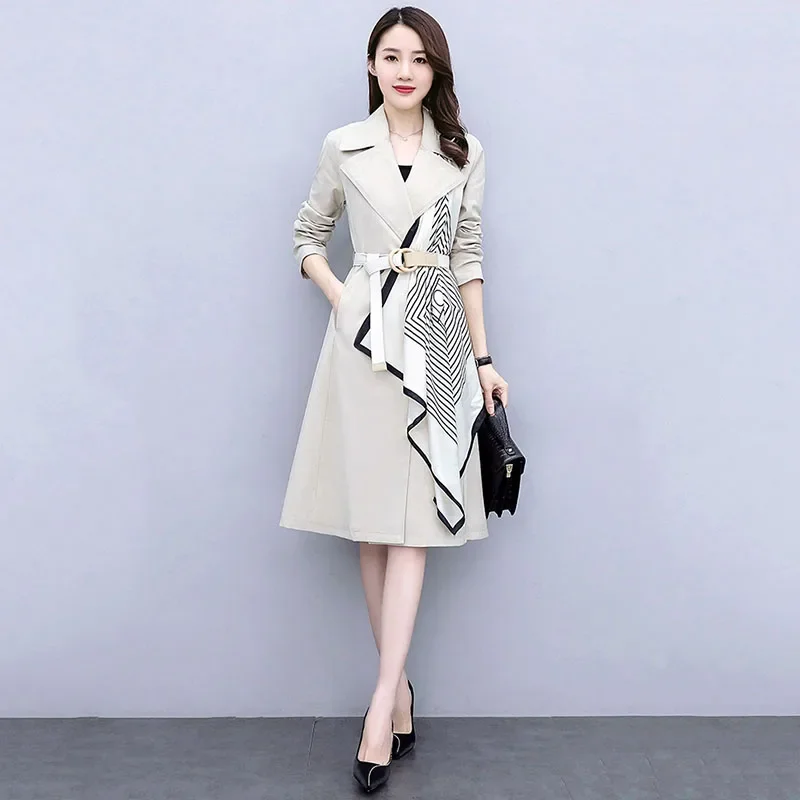 

Spring and Autumn Coat for Women 2024 Casual 4XL Mid-length Female Coats New Scarf Patchwork Trench Coat Loose Women's Clothing