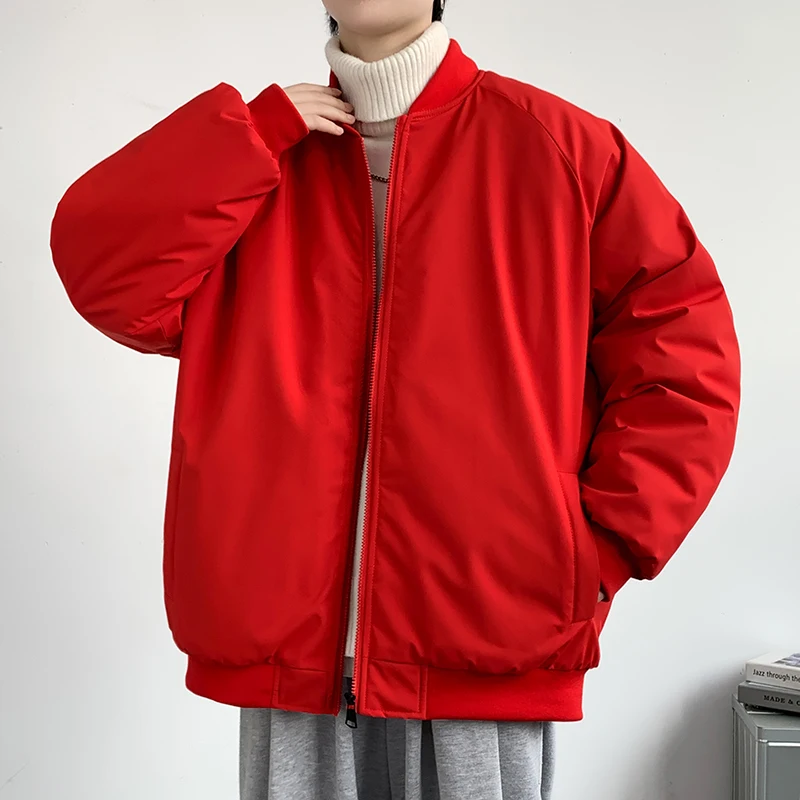 

Мужская зимняя теплая куртка из утолщенного хлопка большого размера, красная, приталенного кроя, молодежная мода, на молнии, длинный рукав...