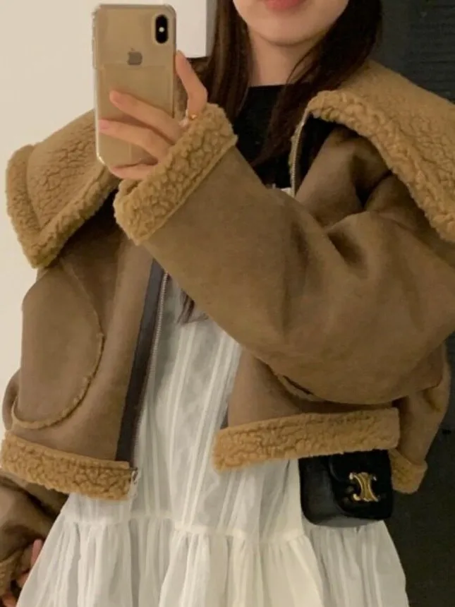 Korean Style Versatile Short Jacket Casual Zipper PU Leather Collarless Coat Double-Sided Wear Soft Inner Material for Women