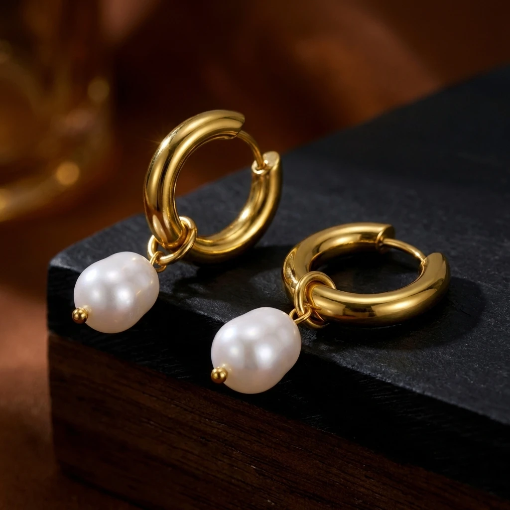 Fashion Stainless Steel Pearl Drop Hoop Earrings for Women Sunlit Radiance Bold Styles Clean Fit Chic Everyday Jewelry Present