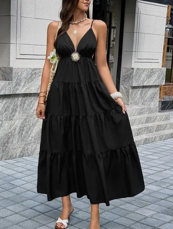

2026 Summer Women's New Fashion Casual Elegant Sexy Style V-Neck Backless Versatile Strap Dress Female Clothing