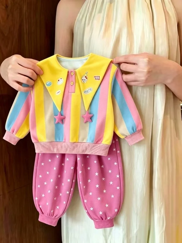 Girls' Casual Stripe Top And Pants Two-Piece Set Sweet Color Block Star Collar Autumn Fashion Kids' Clothing Ensemble