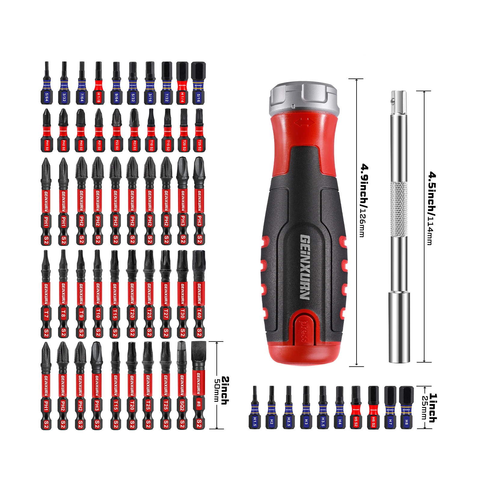 GEINXURN 62pcs Ratchet Screwdriver Set, 12-in-1 Magnetic Screwdriver, Quick-Load, S2 Steel Mixed Bits with Eva Foam Storage Tray