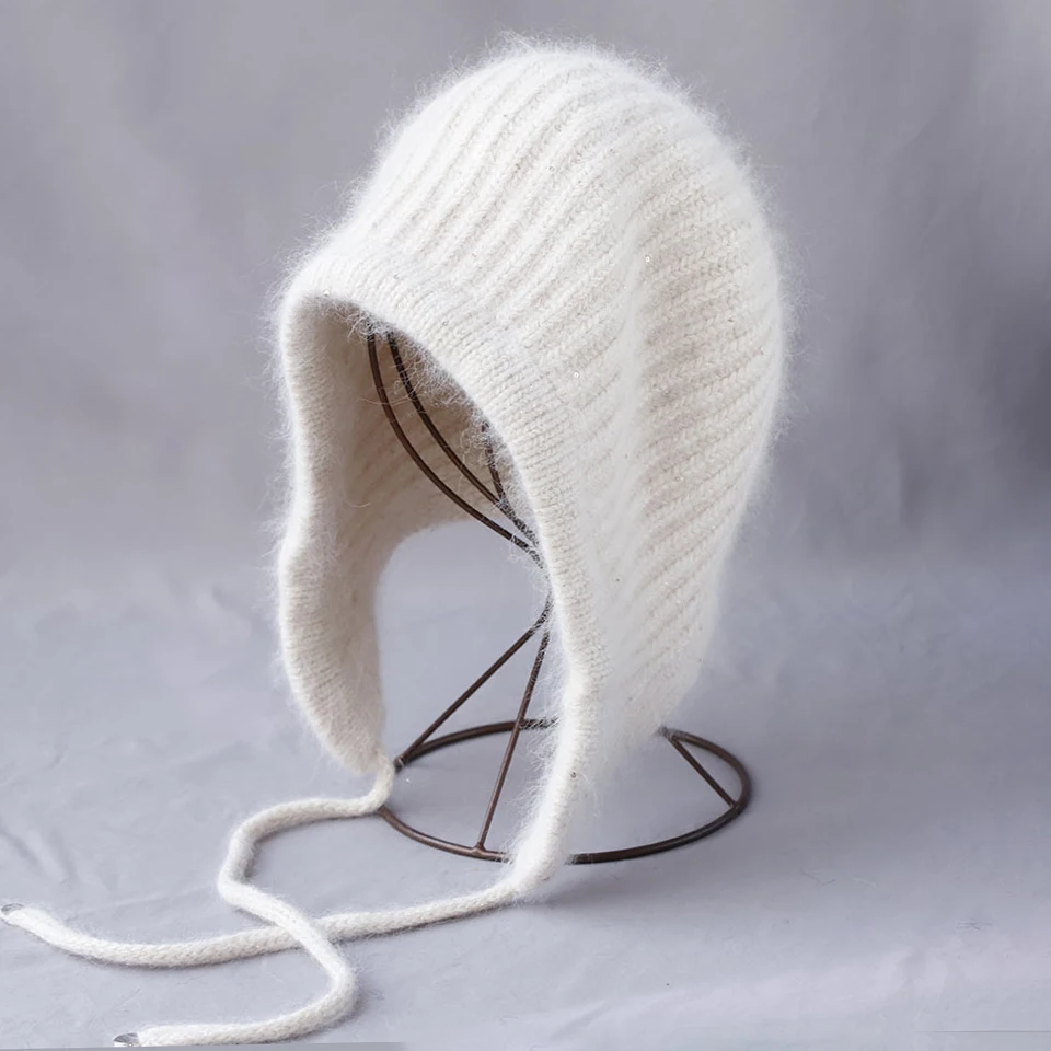 WOmen Winter Fashionable balaclava Beanies Outdoor Warm rabbit fur knitted hat Solid Colors With Sequins Long fluffy hat