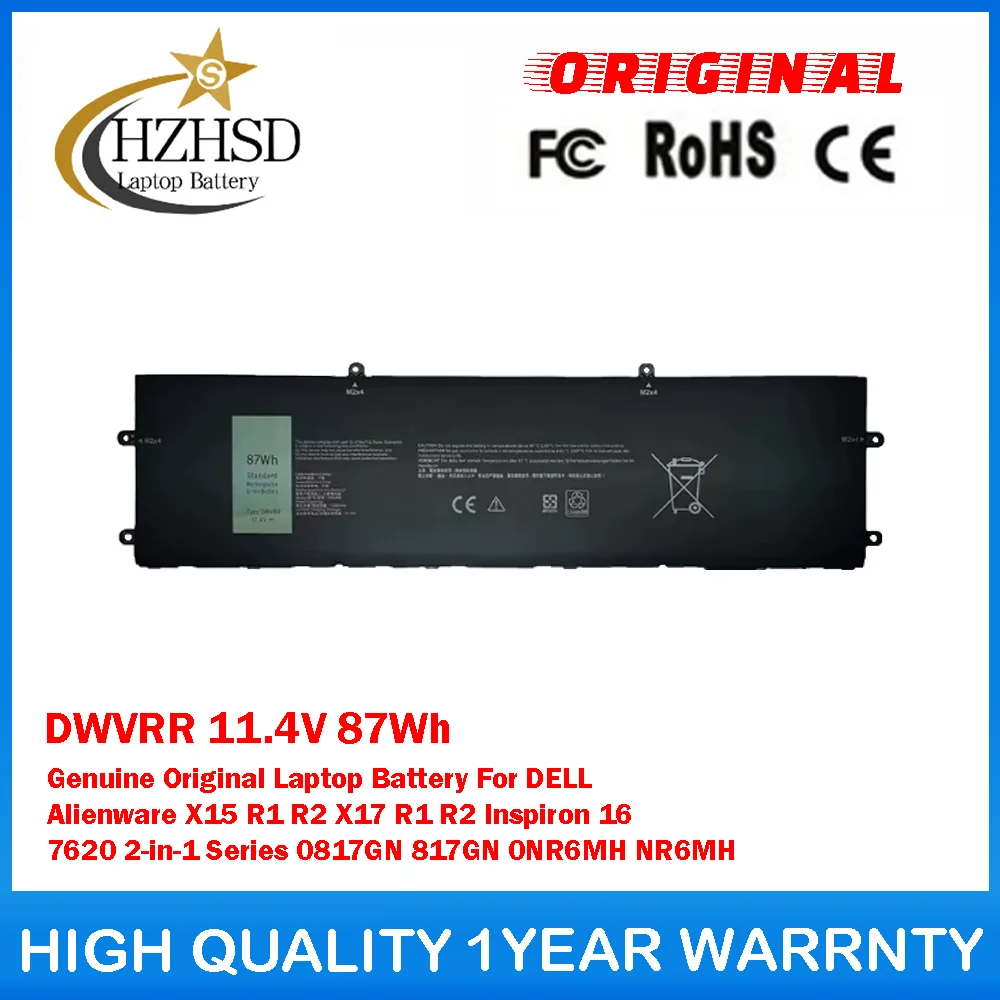 

DWVRR 11.4V 87Wh Genuine Original Laptop Battery For DELL Alienware X15 R1 R2 X17 R1 Inspiron 16 7620 0817GN 817GN 0NR6MH NR6MH