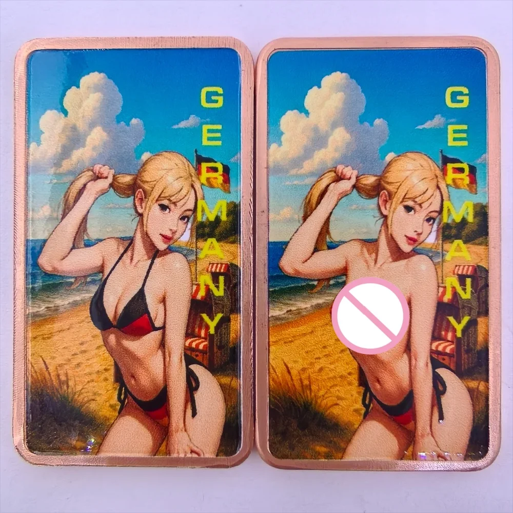 1oz .999 Fine Copper Bar Sexy German Girl Blonde Twintails Black Red Bikini Beach Chair Colorized Rectangle Pin-Up Art Gift