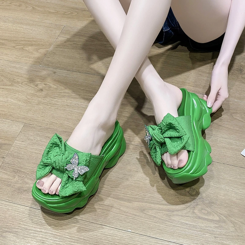 High Platform Slippers for Women Summer 2022 Fashion Bowknot Wedges Sandals Woman Outdoor Beach Thick Bottom Slides Green Shoes