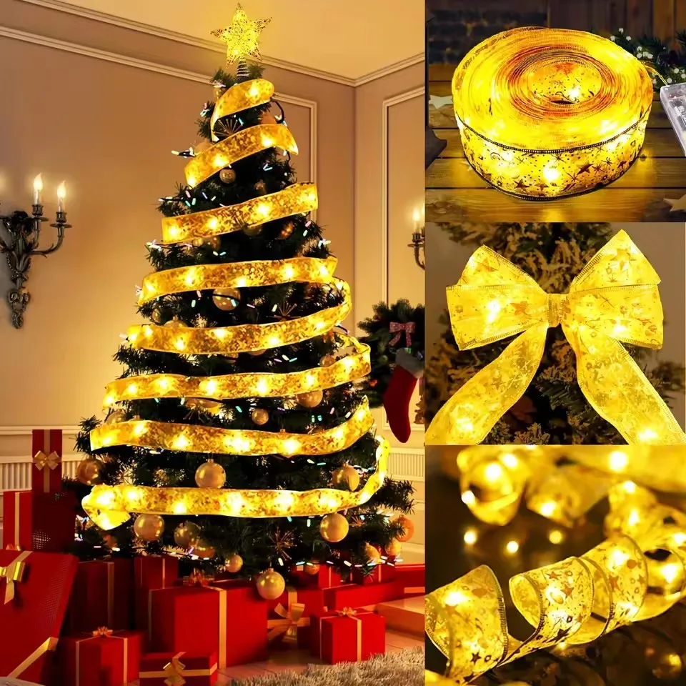 2-10M Christmas Bow Decoration Golden Christmas Ribbon Fairy String Lights for Home Party Christmas Tree and Gift Decor