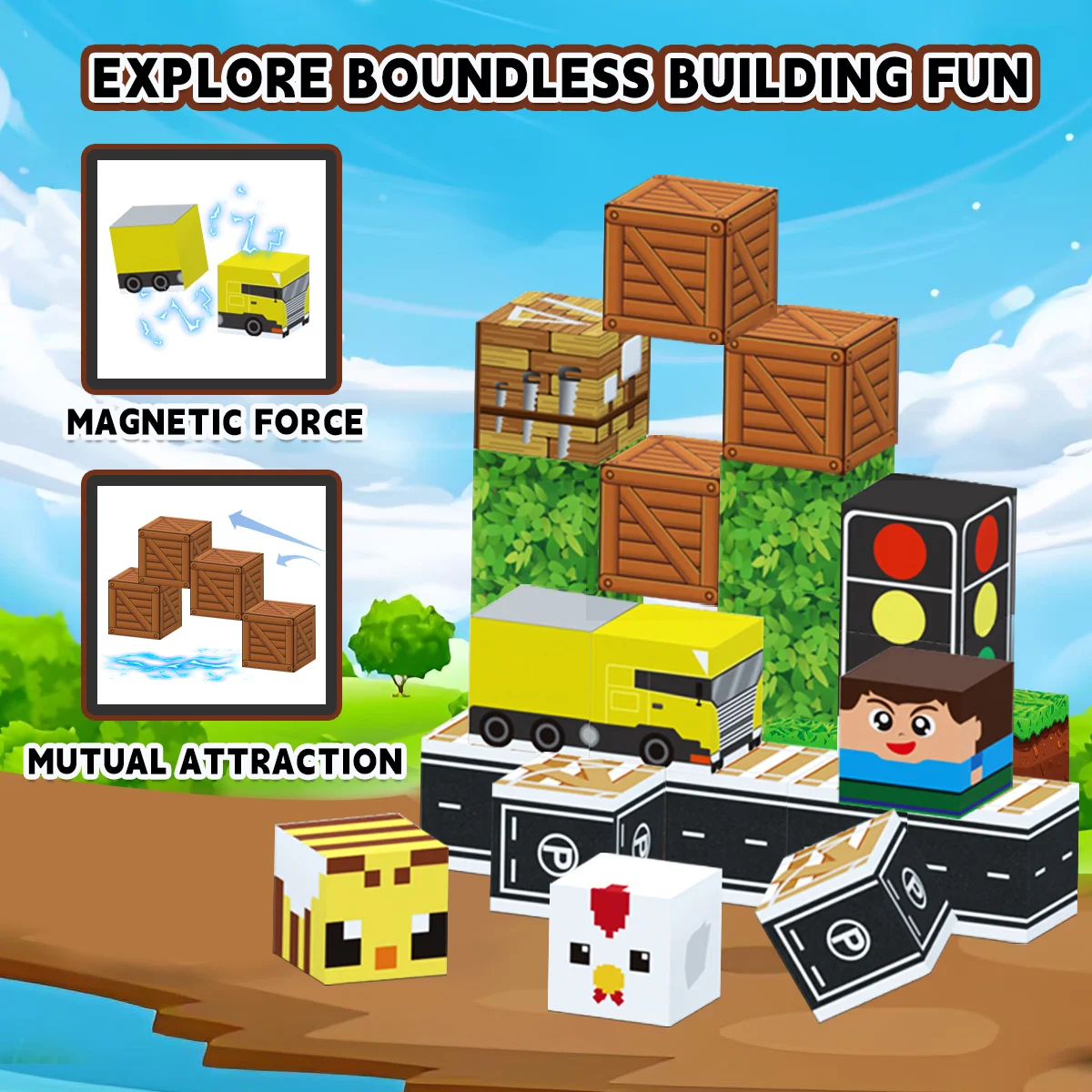 Conjunto de blocos magnéticos de caixa de ferro, ímãs empilhados de floresta de cidade infantil, brinquedos livremente construídos, brinquedos sensoriais de quebra-cabeça infantil