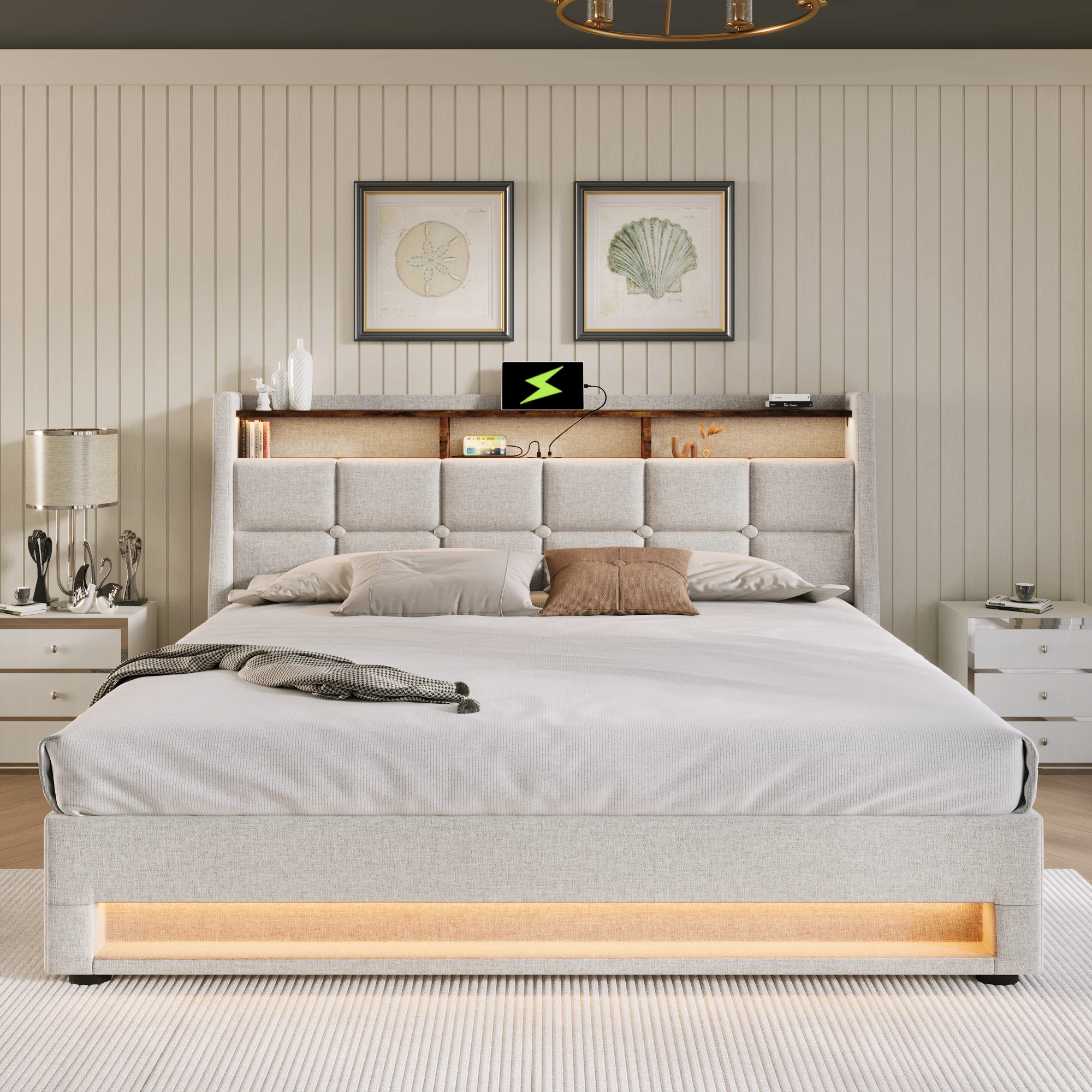 Upholstered bed with USB 180x200cm,LED double bed with metal frame slatted frame, bed frame of linen material Youth bed