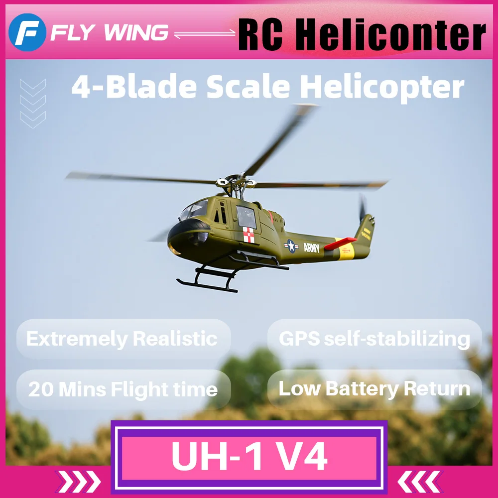 

FLYWING UH1 V4 Четырехлопастной радиоуправляемый вертолет с GPS H1 и бесщеточным двигателем 6CH 450L Большомасштабный самолет UH1 V3 Huey вертолет