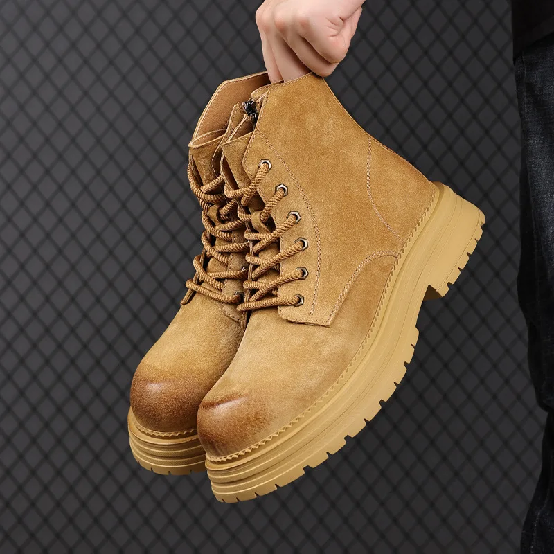 

mens fashion outdoors desert boots lace-up platform shoes cowboy chunky ankle boot spring autumn cool cow suede leather botas