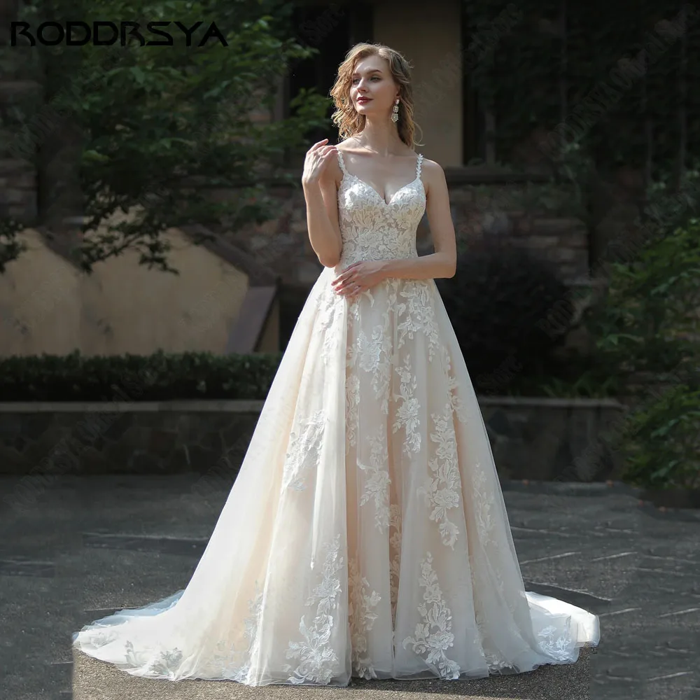 Roddrsya spaghetti bretelles dentelle robe de mariée sans dos appliques a - word RODDRSYA-Robe de mariée en dentelle à bretelles spaghetti, robe en tulle à col en V, robe de mariée Boho, appliques dos nu, grande taille