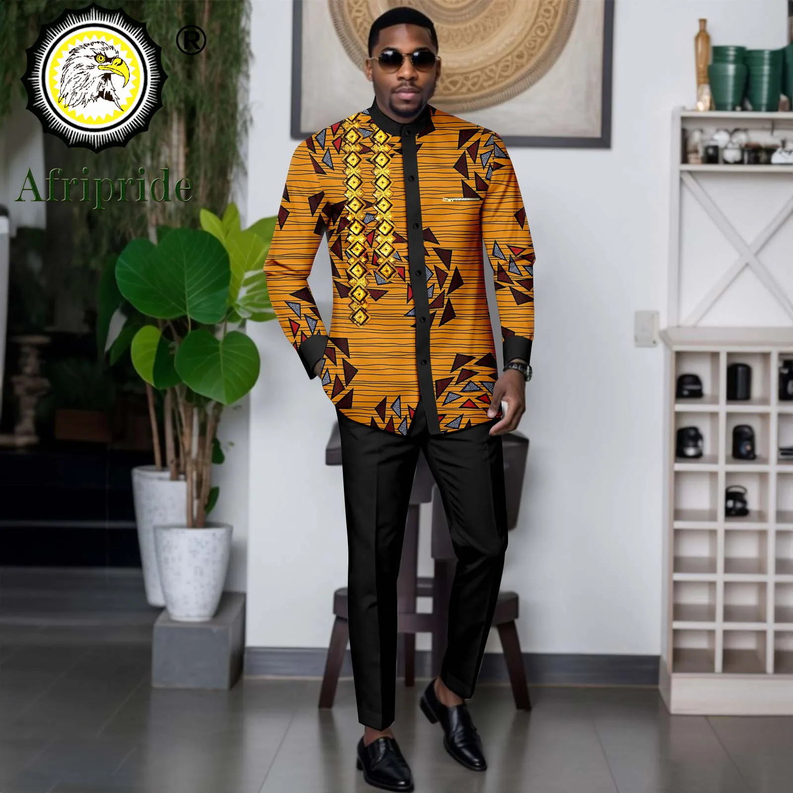 African Suits for Men Slim Fit Embroidery Single Breasted Print Shirts and Pants Set Formal Clothes Dashiki Outfits 2416034