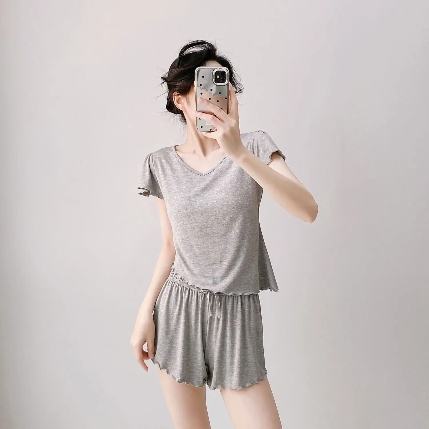

Sexy Modal Sleepwear Women's Short Sleeve Set with Chest Pad Can Be Worn outside Home Clothes V-neck Soft Breathable