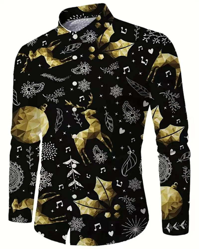 2024 Men\'s Long Sleeve Christmas Santa Fashion Casual Party Lapel Printed Comfortable and Versatile Plus Size Shirt