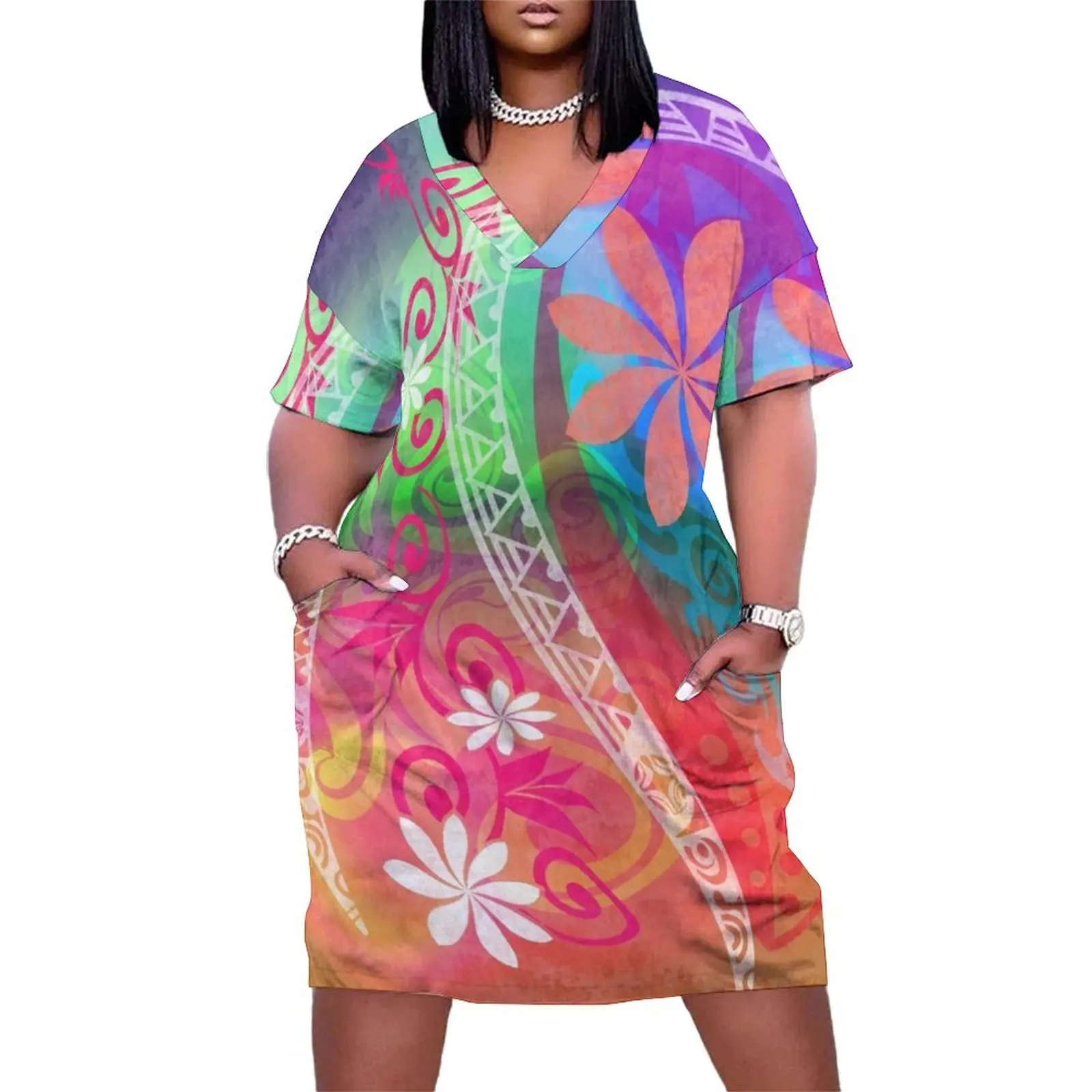 

Hawaiian - Samoan Tribal Tiare Watercolor Loose Pocket Dress Woman clothing summer dresses womens 2024