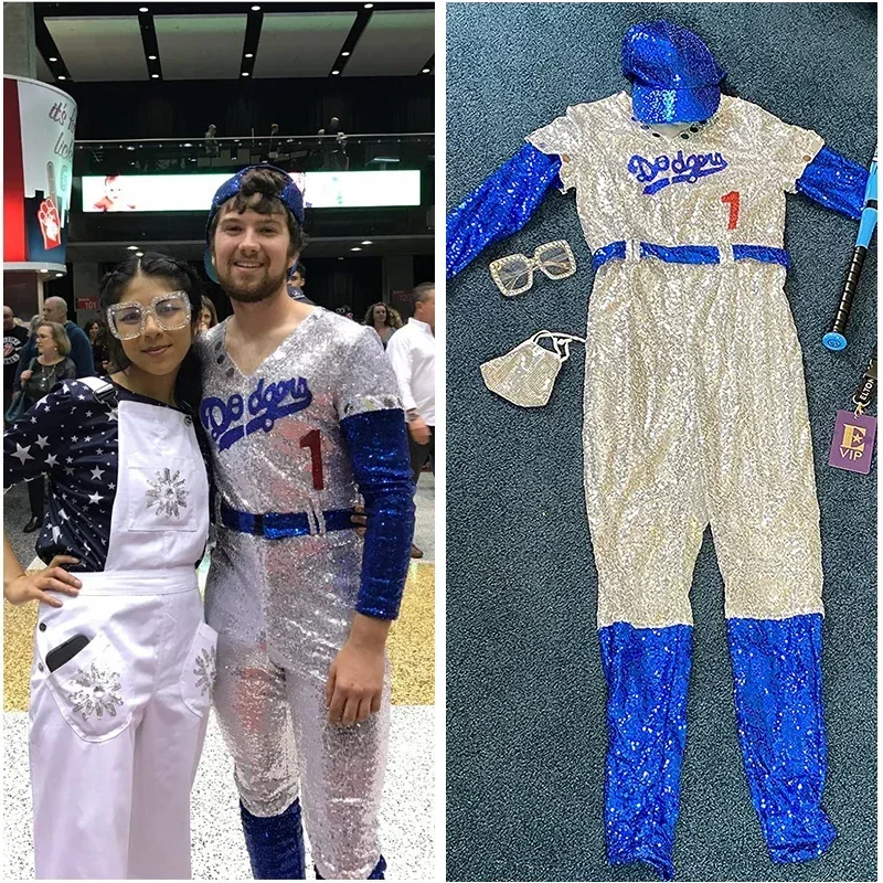 男性と女性のためのエルトンジョンドジャースのコスプレ衣装、野球のユニフォーム、ジャンプスーツの帽子、ハロウィーンのパーティーの衣装、衣装、ロケットマン、mn9