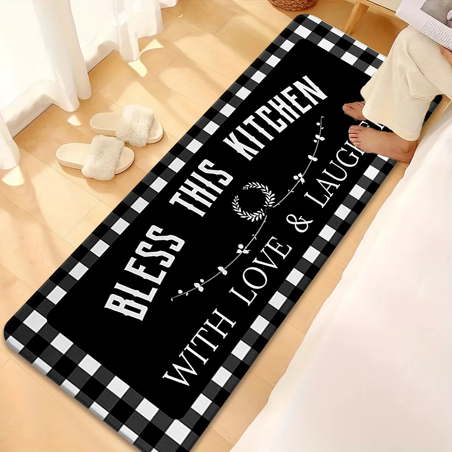 Black White Buffalo Plaid Kitchen Runner Mat Anti Slip Bless This Kitchen Love Laughter Text Print Carpet for Kitchen Hall Room