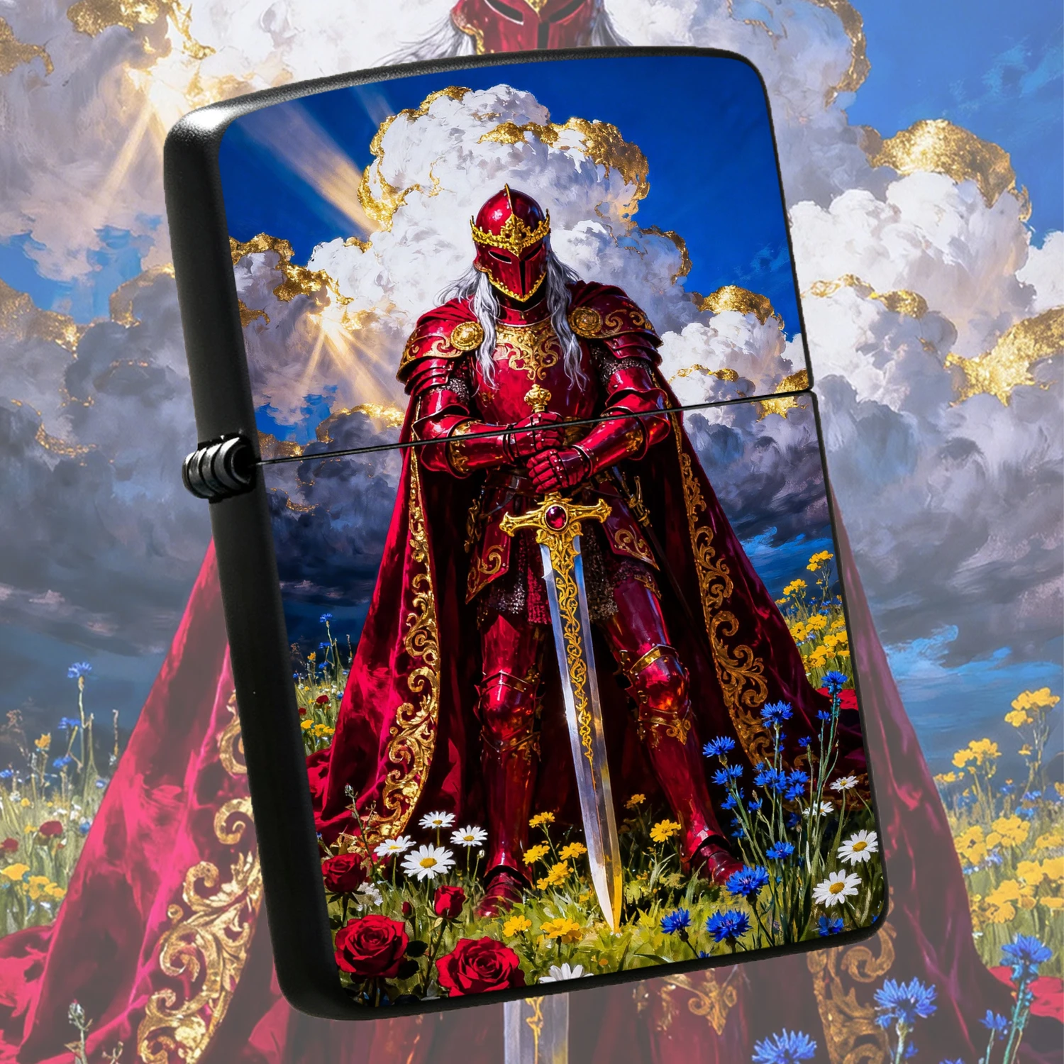 Vintage Gilded Red Armor Knight Windproof Lighter, Exquisite Printed Field Holy Sword Knight Collectible Lighter, Unique Gift for Men Comrades on Birthday Anniversary, Decorative Practical Daily Ignition Tool A Fun and Humorous Lighter