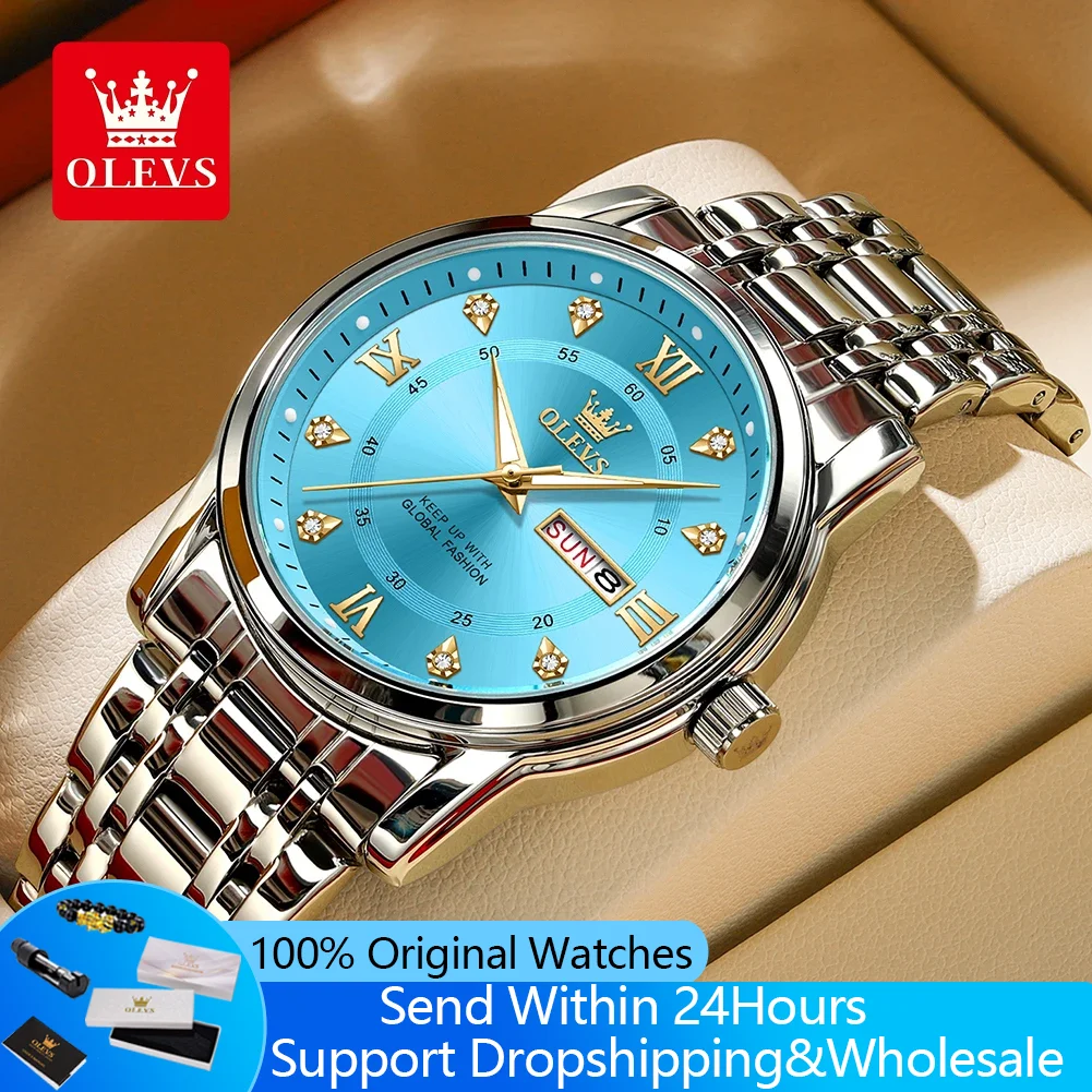 

OLEVS 5513, мужские часы, эксклюзивные оригинальные кварцевые часы с двойным календарем для мужчин, водонепроницаемые модные наручные часы с бриллиантами и римской шкалой