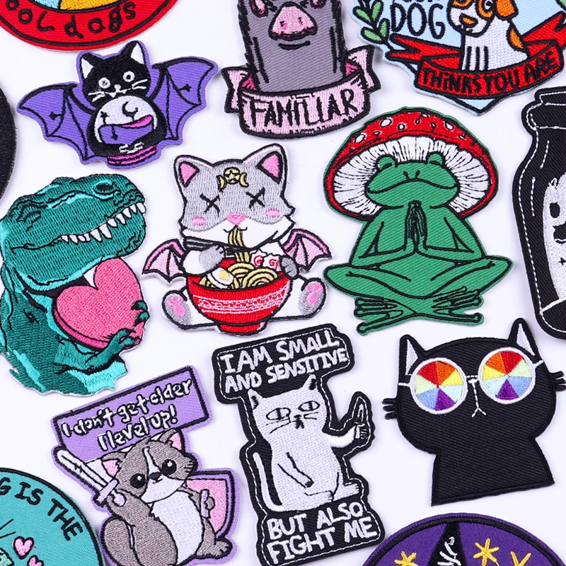 Hippie Tier Stickerei Patches für Kleidung Aufkleber Cartoon Katze Frosch Dinosaurier Patch Eisen auf Patches auf Kleidung Näh applikation