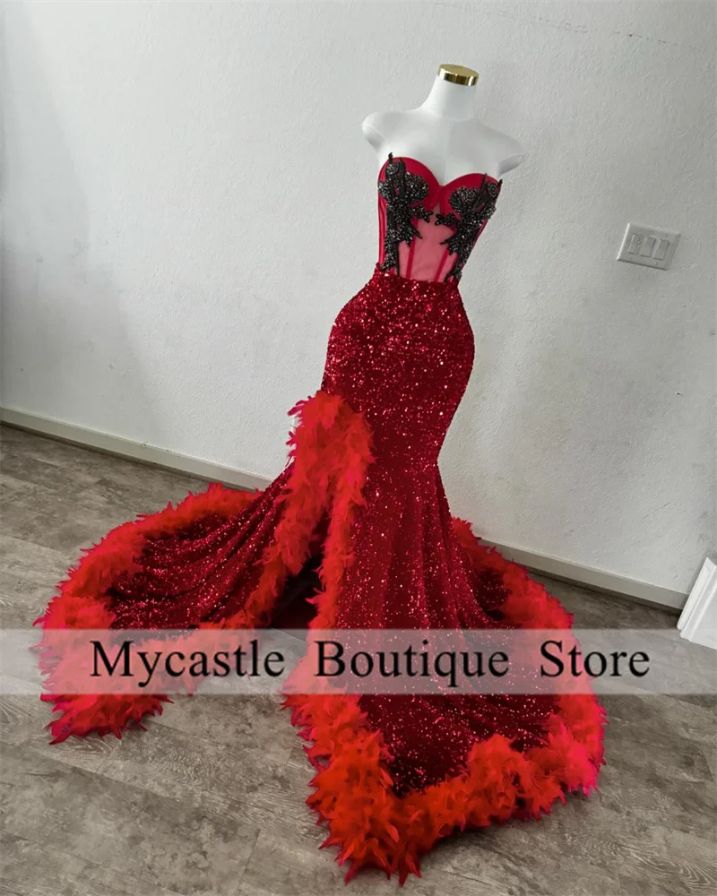 

Red Sequins Prom Dresses For Black Girls 2025 Appliques Beaded Wedding Party Dress Side Slit Feathers Evening Dresses Customized