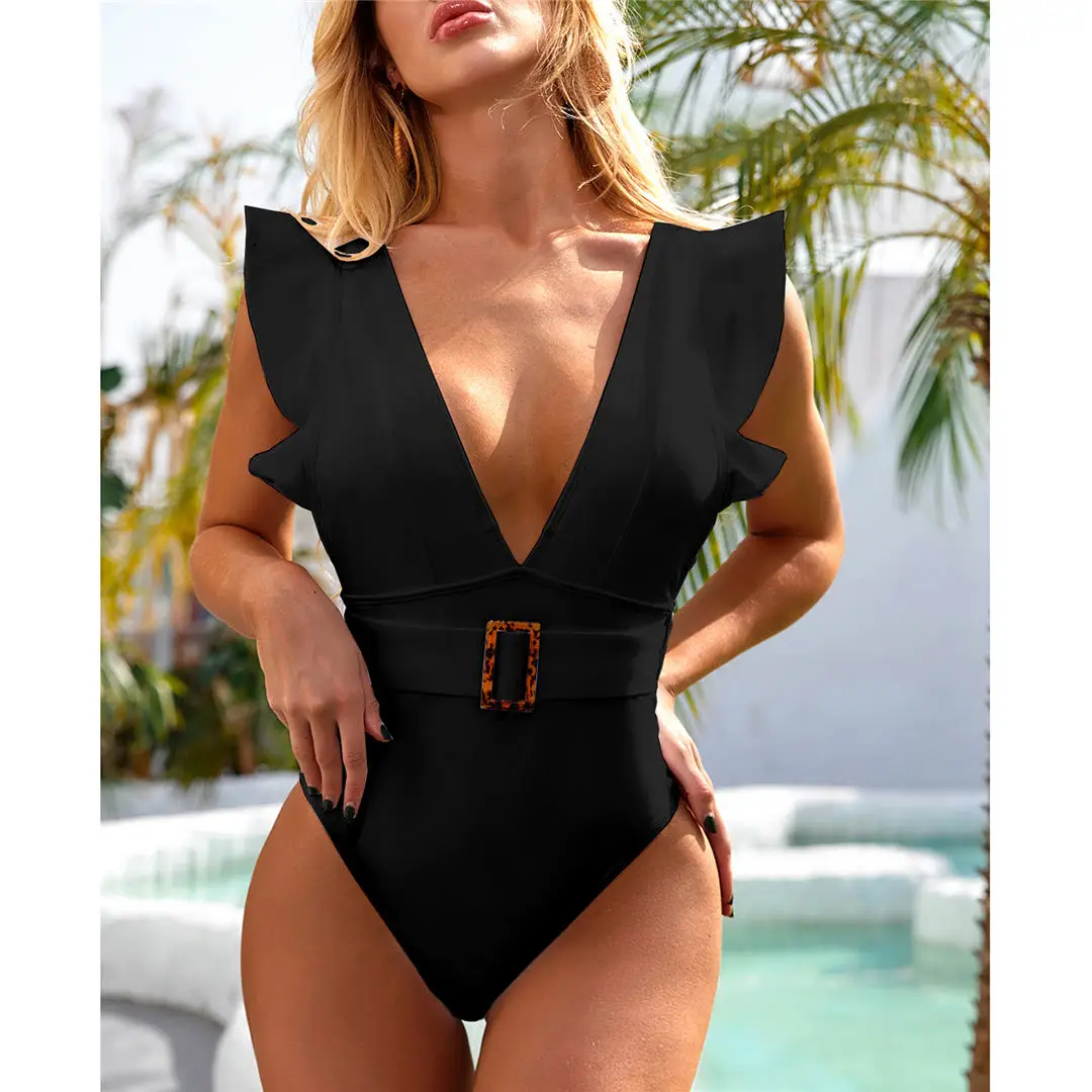 Weißer, sexy, geraffter, tief ausgeschnittener, einteiliger Badeanzug für Damen, Badebekleidung für Frauen mit Gürtel, Monokini, Badeanzug, Badebekleidung für Damen, V2198 – Detail 18