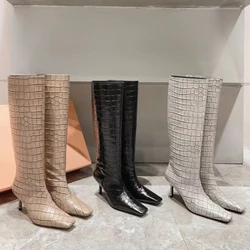 Stone Pattern Cowhide Black Apricot Knee High Boots Women Autumn Winter Low Heels Square Toe Long Boots Retro Size 34-44 Shoes