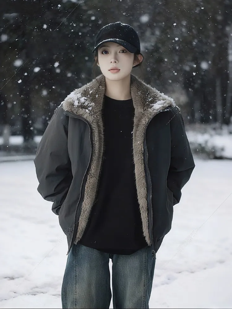 

Men's Double-Sided Wear Waed Canvas ort Thiened Winter Cotton Jaet eepskin Velvet Warm Casual Straight Fit Zipper Coat