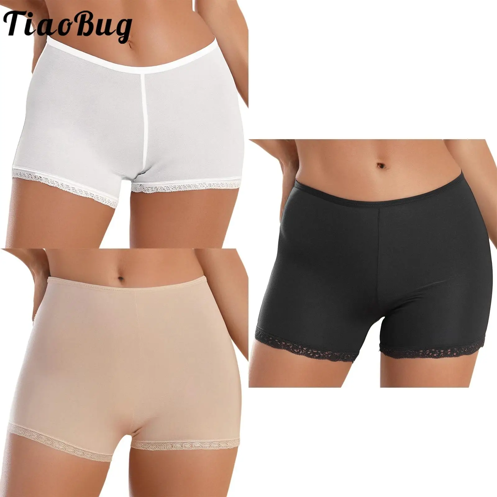 

Women Solid Color Seamless Safety Shorts Underwear Casual Elastic Waist Floral Lace Trim Boxer Shorts for Dress Pettipants