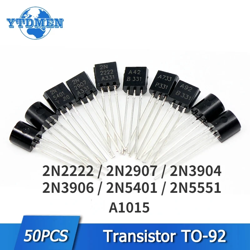 Kit de transistores de triodo, Kit de transistores NPN, 50 piezas, 2N3904, 2N2222 TO-92, 2N2907, 2N3906, 2N5401, 2N5551, A1015